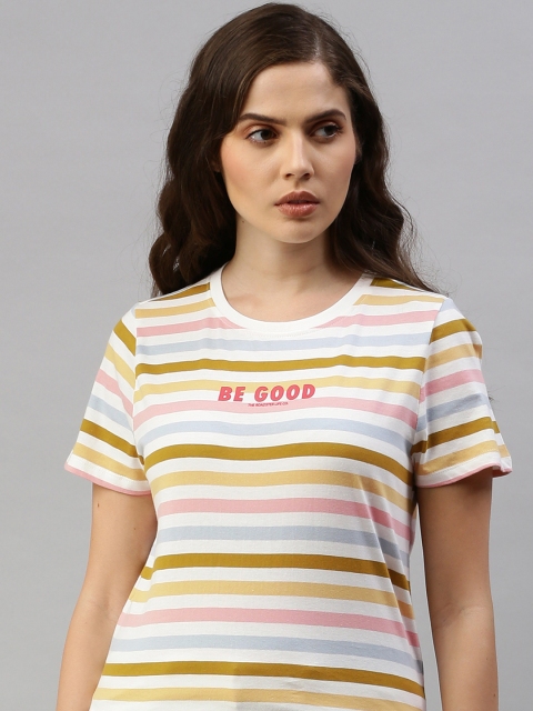 

Roadster Women Multicoloured Striped Round Neck Pure Cotton T-shirt, Multi