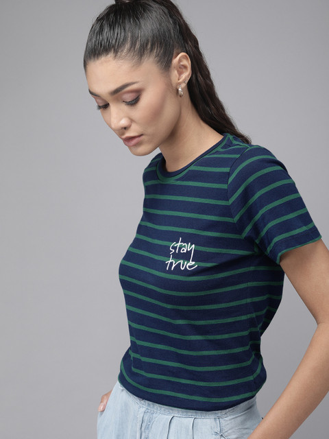 

Roadster Women Navy Blue Teal Striped Pure Cotton T-shirt with Embroidery Detail
