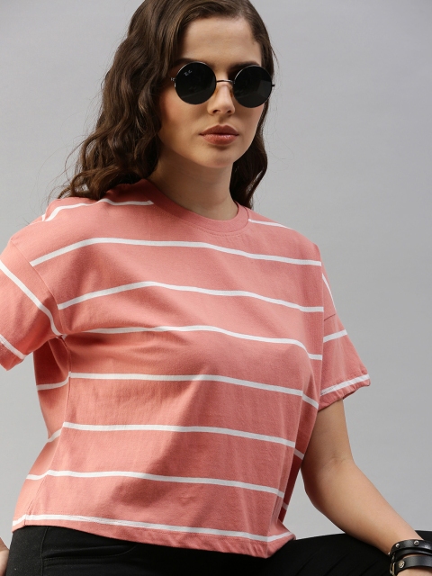 

Roadster Women Peach Striped Round Neck T-shirt
