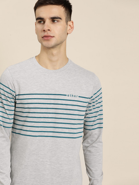 

ether Men Grey Melange & Teal Green Striped T-shirt