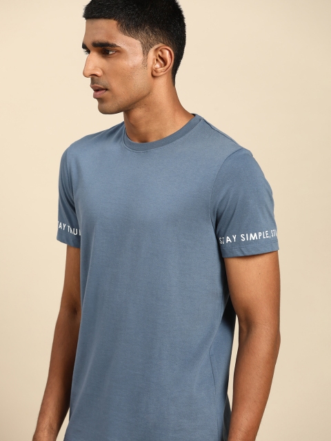 

ether Men Blue Pure Cotton Solid Pure Cotton T-shirt