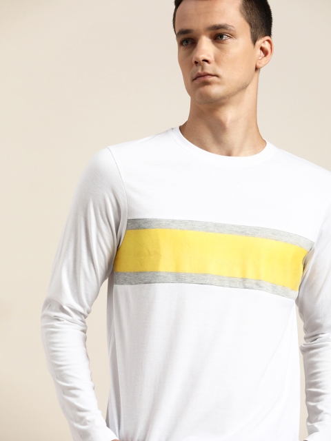 

ether Men White & Yellow Pure Cotton Striped T-shirt