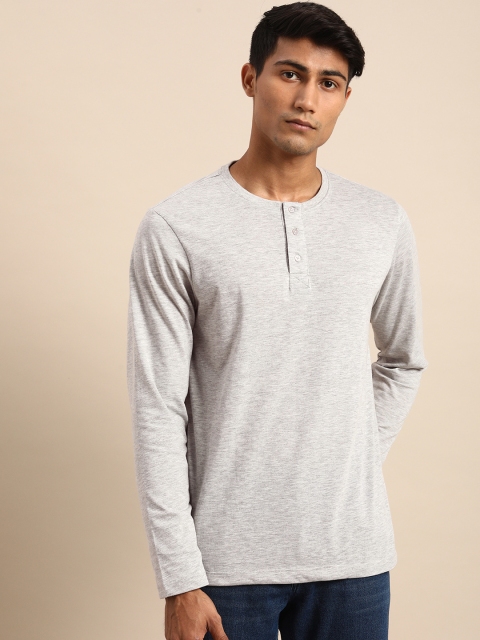 

ether Men Grey Melange Solid Henley Neck T-shirt