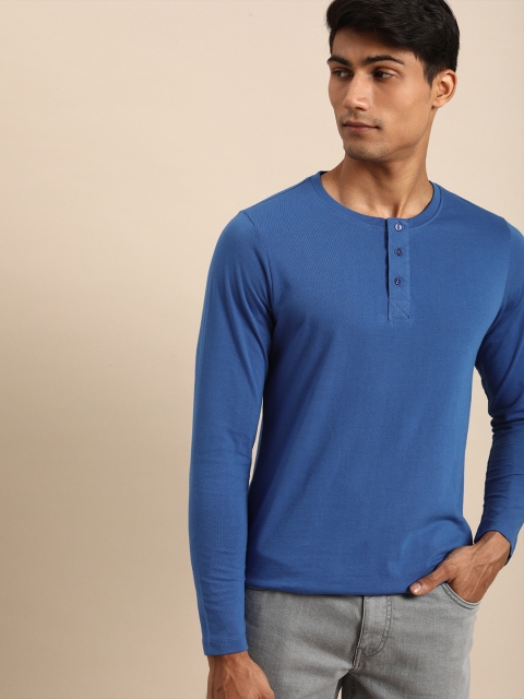 

ether Men Blue Solid Pure Cotton Henley Neck Pure Cotton T-shirt