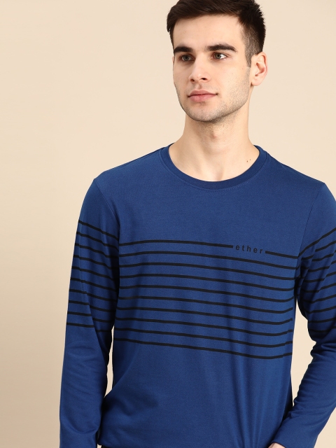 

ether Men Blue & Black Pure Cotton Striped T-shirt