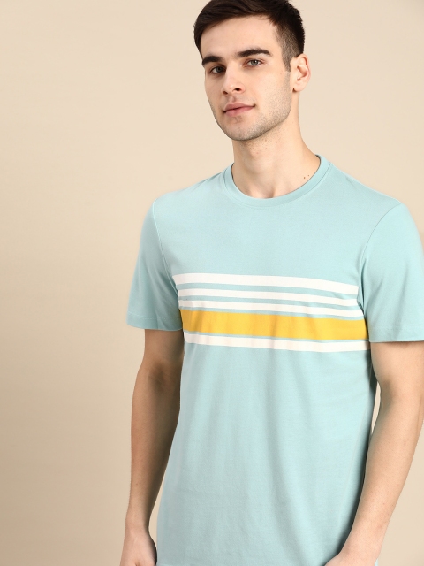 

ether Men Blue & Mustard Yellow Pure Cotton Striped T-shirt