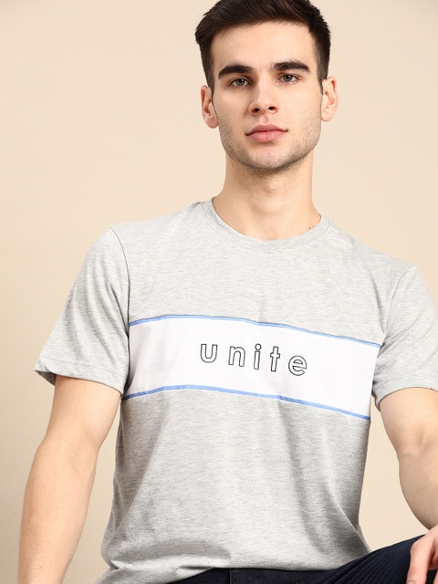 

ether Men Grey Melange & White Typography Printed T-shirt