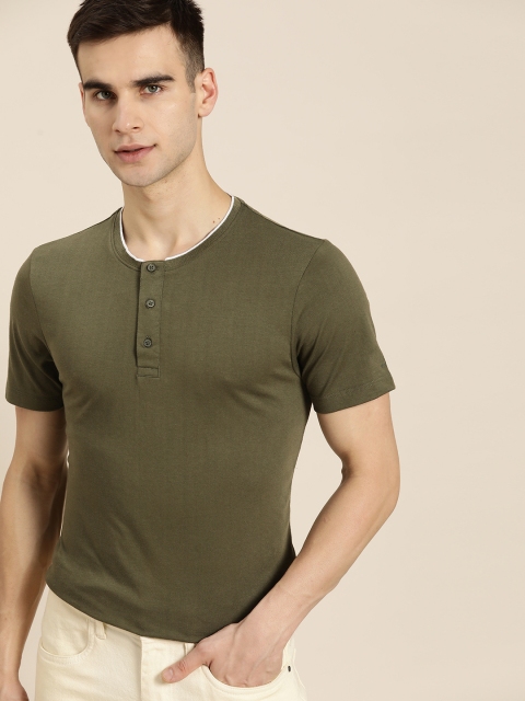 

ether Men Olive Green Solid Cotton T-shirt
