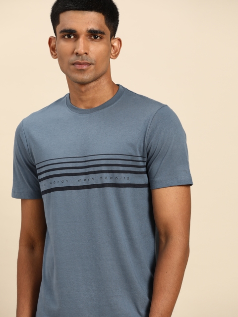 

ether Men Navy Blue Striped Round Neck Pure Cotton T-shirt