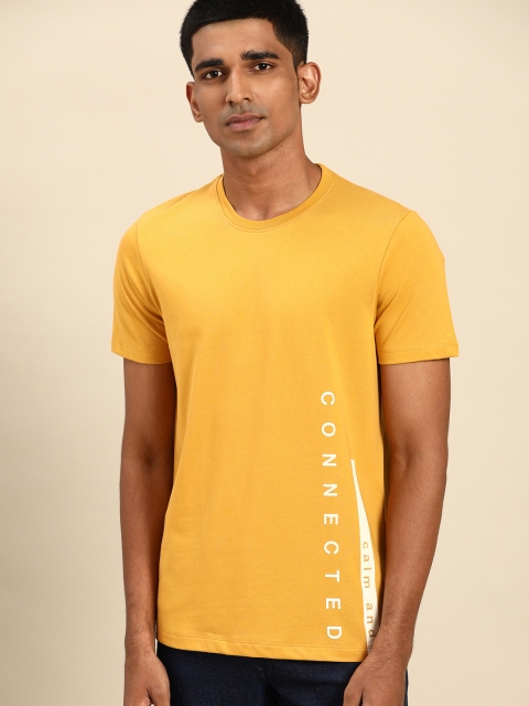 

ether Men Mustard Yellow White Typography Placement Print Pure Cotton T-shirt