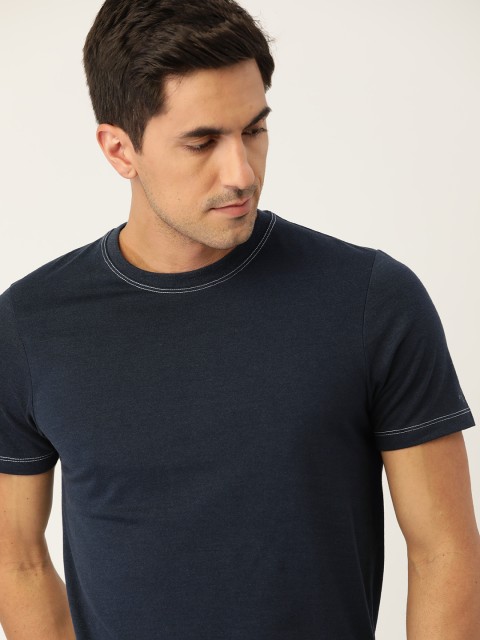 

ether Men Navy Blue Solid Round Neck T-shirt