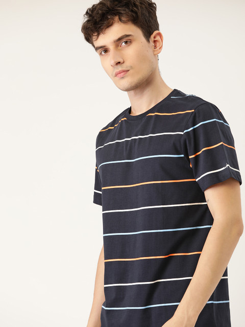 

ether Men Navy Blue Striped T-shirt