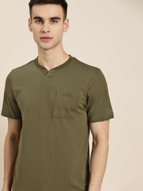 

ether Men Olive Green Soild Pockets Cotton T-shirt