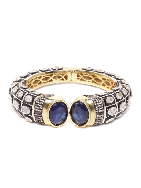 

ANESH Blue & Black Silver-Toned Gold-Plated AD-Studded Handcrafted Enamelled Kada Bracelet