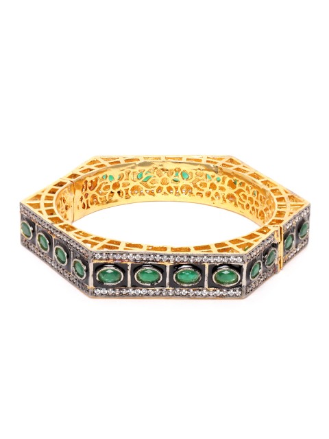 

ANESH Green & Black Gold-Plated AD-Studded Handcrafted Enamelled Kada Bracelet