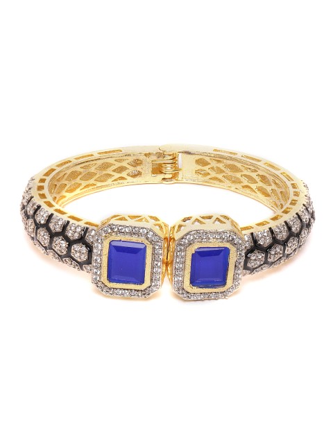 

ANESH Blue & Black Gold-Plated AD-Studded Handcrafted Enamelled Kada Bracelet