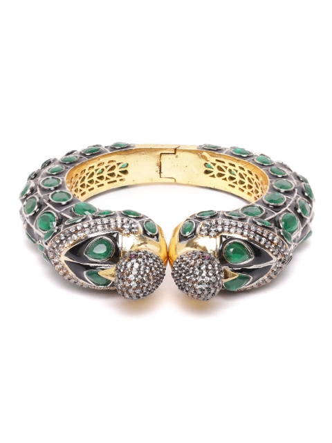 

ANESH Green Gold-Plated AD-Studded Handcrafted Peacock-Shaped Enamelled Kada Bracelet