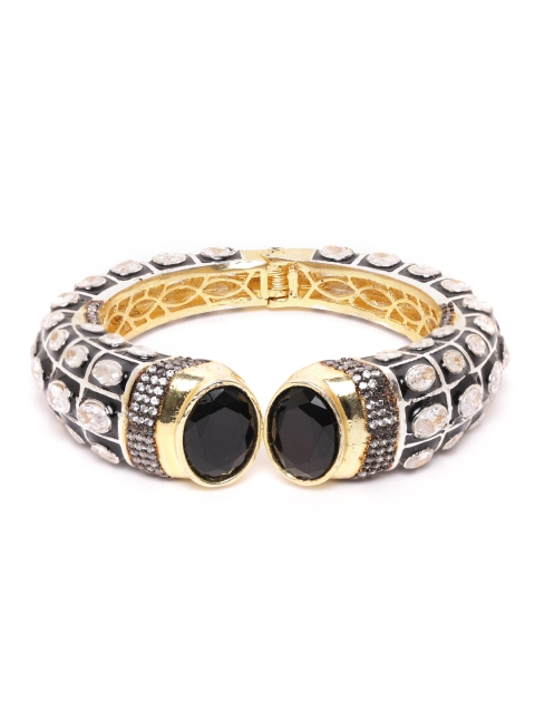 

ANESH Black & Silver-Toned Gold-Plated AD-Studded Handcrafted Enamelled Kada Bracelet