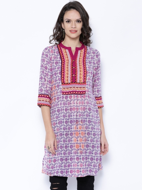 

Fusion Beats Women Purple & White Block Print Straight Kurta