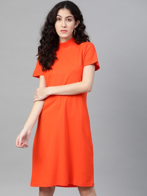 

Metronaut Women Orange Solid Pure Cotton T-Shirt Dress