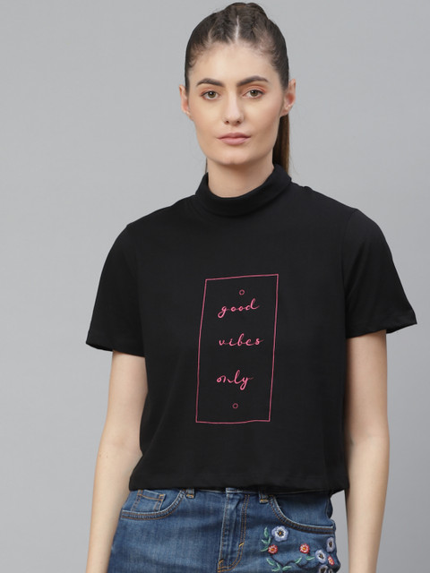 

Metronaut Women Black & Pink Pure Cotton Printed High Neck T-shirt