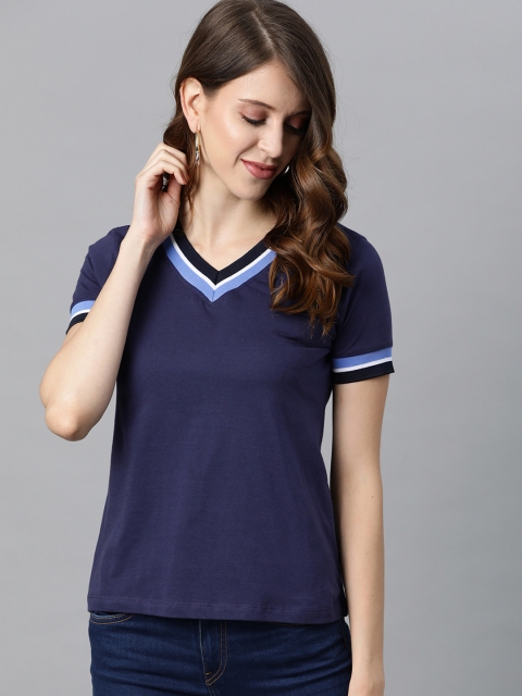 

Metronaut Women Navy Blue V-Neck Pure Cotton T-shirt