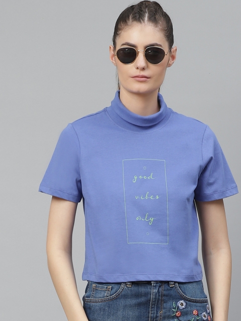 

Metronaut Women Blue Pure Cotton Printed High Neck T-shirt