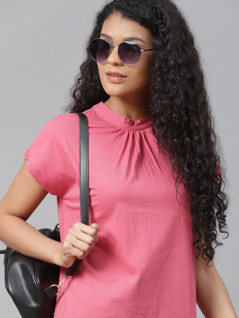 

Metronaut Women Pink Solid Gathered Extended Sleeves Regular Cotton Top