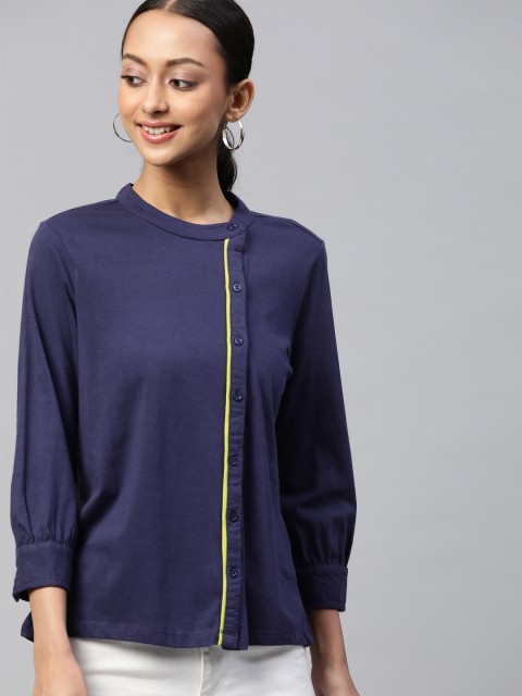 

Metronaut Women Navy Blue Pure Cotton Stretchable Asymmetric Placket Casual Shirt