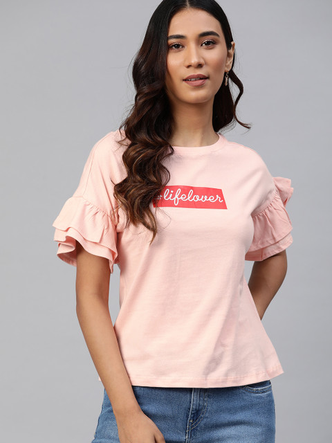

Metronaut Women Pink Pure Cotton Printed Bell Sleeves Regular Top