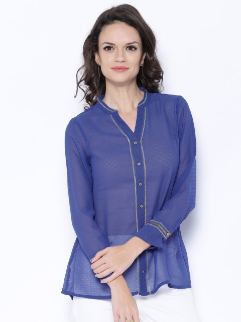 

Fusion Beats Women Blue Self-Design Sheer Shirt