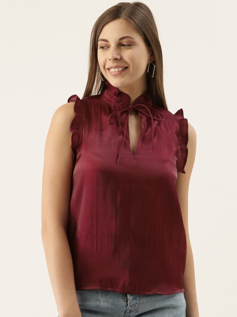 

Campus Sutra Maroon Solid Satin Finish Tie-Up Neck Top