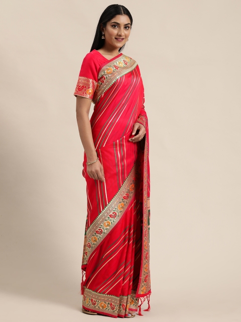 

flaher Pink & Gold-Toned Art Silk Woven Design Banarasi Saree