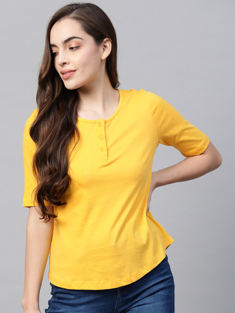 

Metronaut Women Yellow Solid Pure Cotton Henley Neck Pure Cotton T-shirt