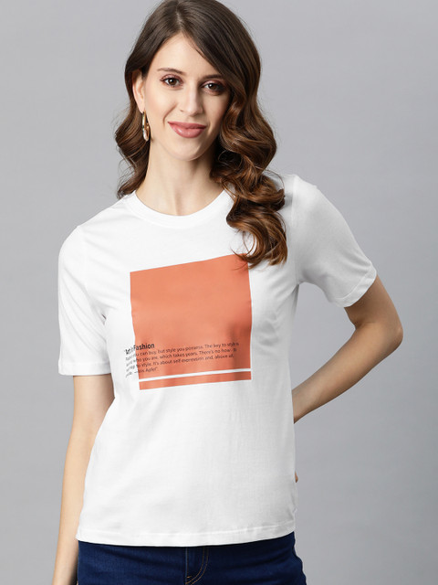 

Metronaut Women White & Rust Orange Pure Cotton Printed T-shirt