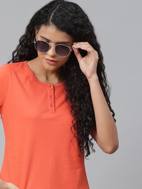 

Metronaut Women Orange Solid Henley Neck Pure Cotton T-shirt