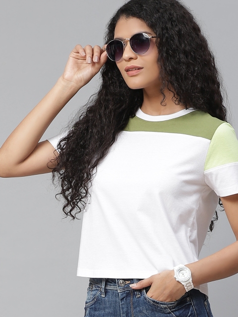 

Metronaut Women White & Olive Green Colourblock Detail Round Neck Pure Cotton T-shirt