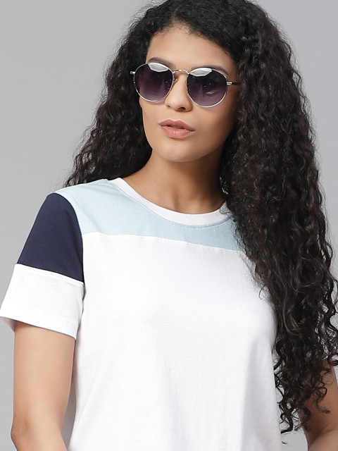

Metronaut Women White & Blue Colourblocked Pure Cotton T-shirt