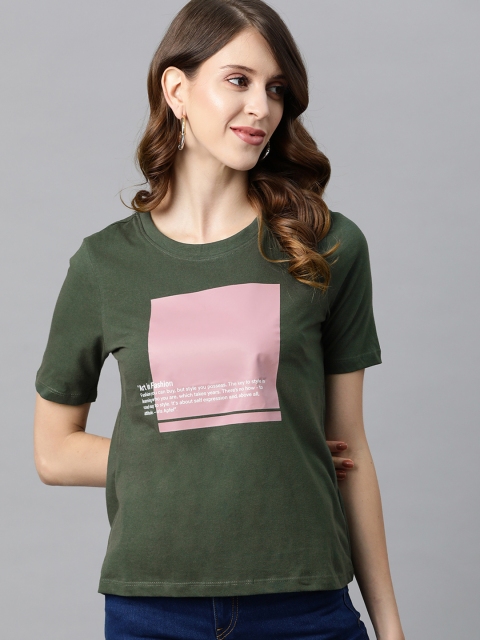 

Metronaut Women Olive Green & Pink Pure Cotton Printed T-shirt