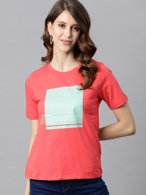 

Metronaut Women Coral Red & Green Pure Cotton Printed T-shirt