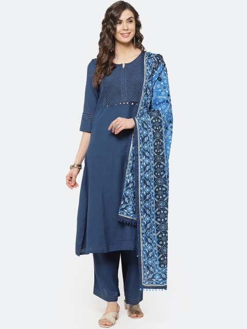 

Rangriti Women Blue Yoke Design Kurta with Trousers & With Dupatta