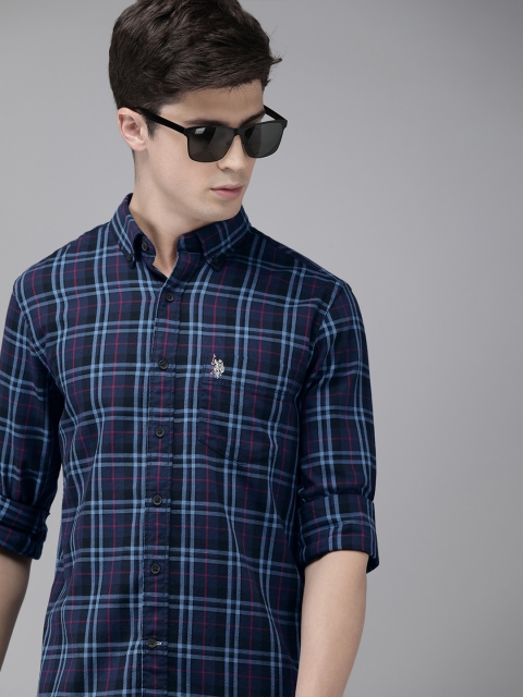 

U.S. Polo Assn. Men Navy Blue Tailored Fit Checked Pure Cotton Casual Shirt