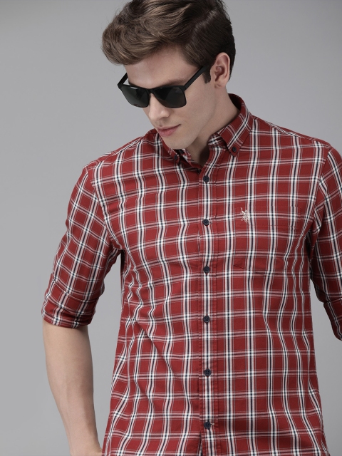 

U.S. Polo Assn. Men Red Tailored Fit Checked Pure Cotton Casual Shirt