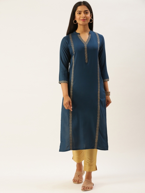 

SANISA Women Teal Blue Mandarin Collar Handloom Kurta with Printed Detail