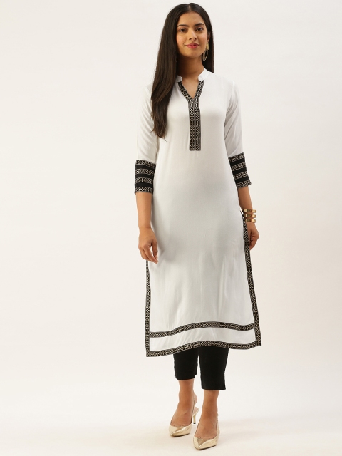 

SANISA Women White & Black Foil Print Yoke Design Handloom Kurta