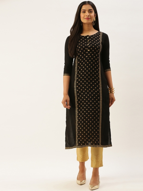 

SANISA Women Black & Golden Foil Print Ethnic Motifs Handloom Kurta