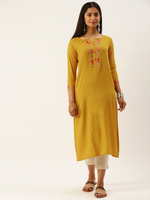 

SANISA Women Mustard Yellow Pure Cotton Embroidered Yoke Design Detail Kurta