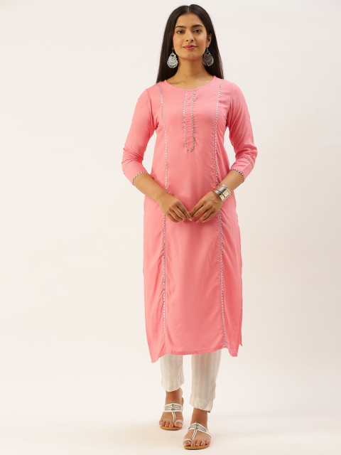 

SANISA Women Pink Solid Gotta Patti Handloom Panelled Straight Kurta