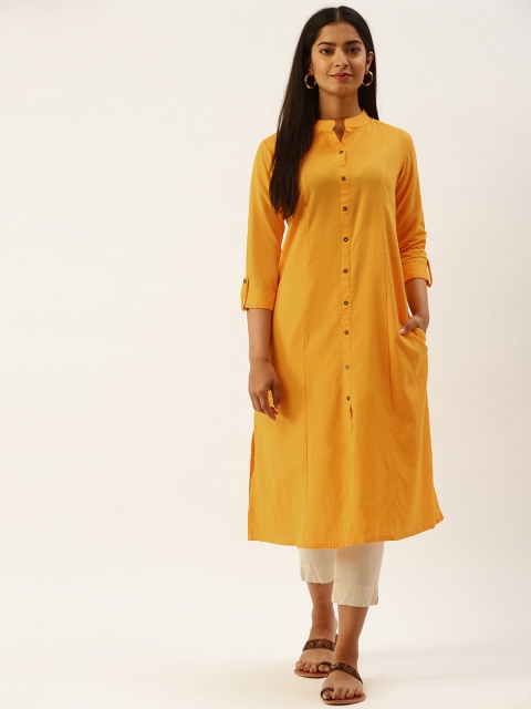 

SANISA Women Mustard Yellow Cotton Solid Mandarin Collar Roll-Up Sleeves Handloom Kurta