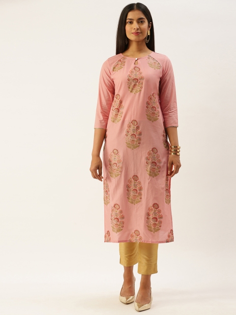 

SANISA Women Pink & Mustard Yellow Pure Cotton Floral Foil Keyhole Neck Handloom Kurta